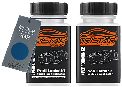 TRISTARcolor Autolack Lackstift für Opel G4B Nautic Blue Metallic +1K | Set aus Basislack + Klarlack, Lackfläschchen mit Pinsel, je 50ml