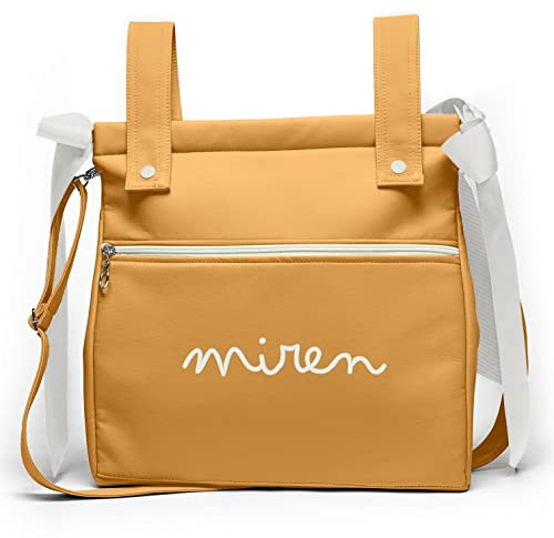 Bolsa panera de polipiel personalizada con nombre bordado - Bolso carro - Talega carrito de bebé - Mostaza - Nenel