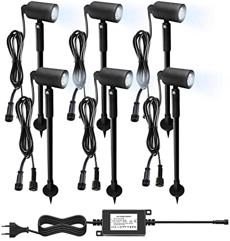 CHNXU 6er Set LED Gartenbeleuchtung 3W Gartenleuchte IP67 Wasserdicht Kaltes Weiß 6500K 180LM Höhenverstellbar Gartenlampe Gartenstrahler mit 12V Netzteil für Außen Baum, Wiese, Garten, Rasen, Hof