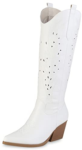 VAN HILL Damen Stiefel Cowboystiefel Schuhe Stickereien Western Boots Holzoptikabsatz Freizeitschuhe Cut-Outs Herbstschuhe 207068 Weiss 37