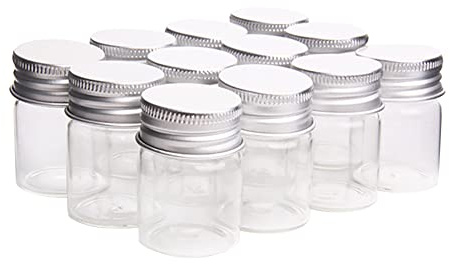 JIHUOO 12 Pcs 15ml Empty Clear Glass Bottles Mini Spice Jars Tiny Vials Small Makeup Sample Containers with Screw Aluminum Caps Lids