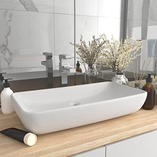 WIFESE Lavabo de Luxe Rectangulaire Blanc Mat 71x38x13,5 cm Céramique Vasque à Poser Style Elégant Lave Main WC Évier Cuisine Meuble Toilette pour Salle Cosmétique Garage Jardin Hôtel