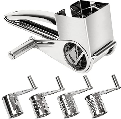 SAVORLIVING Rotary Cheese Grater, Stainless Steel Cheeses Grinder with Handle and 4 Interchangeable Drum Blades, Manual Gadget for Shredded Coconut, Chocolate