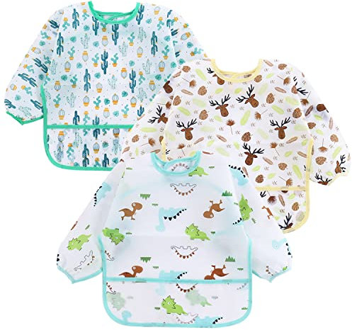 PandaEar 3 Pack Baby Lätzchen mit Ärmeln | Abwaschbar Ärmellätzchen Baby | Ganzkörper Lätzchen Baby | Wasserdicht Babylätzchen Latz mit Ärmel für Baby Kleinkinder 6-24 Monate (Nur Handwäsche)