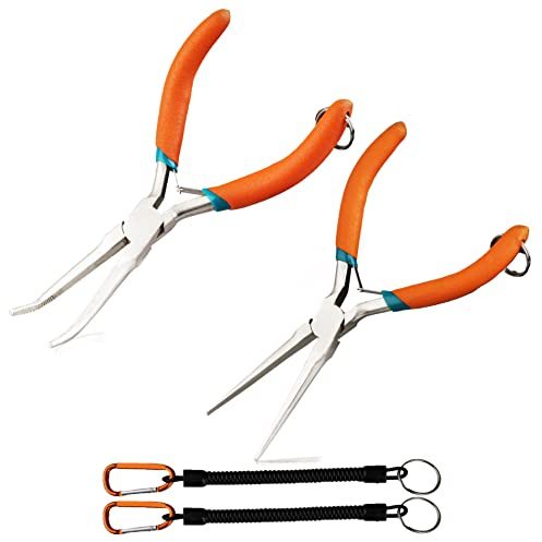 LEONTOOL Juego de 2 mini alicates de punta de aguja doblada, alicates de punta recta para hacer joyas, alicates de extracción de agujas con cordón de alambre de flexión y agarre de objetos pequeños
