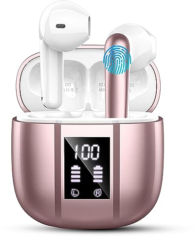 Wireless Earbuds, Renimer Bluetooth 5.3 Headphones In Ear with ENC Mics, Wireless Headphones HiFi Stereo Deep Bass Mini Ear Buds, 48H Playtime LED Display Wireless Earphones, IP7 Waterproof, Rose Gold