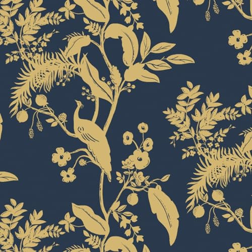 Fiula Carta Da Parati Autoadesiva Con Fiori, Blu Marino, Oro, Animale, 44 Cm X 10 M, Foglie, Uccelli, Carta Da Parati Adesiva, Impermeabile, Per Soggiorno, Camera Da Letto, Pellicola Decorativa Per