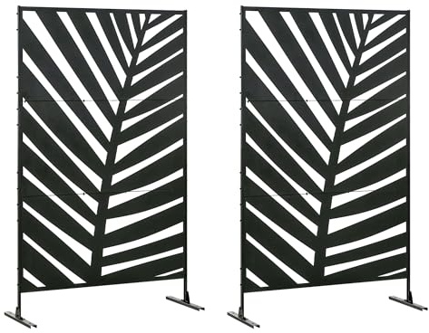 Outsunny Lot de 2 paravents séparateur de Jardin closion de séparation 3 Panneaux décoratifs extérieur à Motif végétal en Acier - 122 x 45 x 198 cm Noir