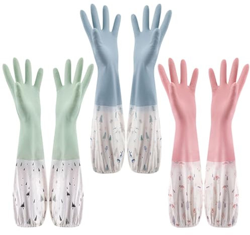 ACMEDE Rubber Cleaning Gloves, Washing Up Gloves Kitchen Dishwashing, Latex Free Long Cuff Cotton Lined Household Gloves for Laundry, Gardening 3 Pairs