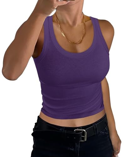 GEMBERA Camiseta básica sin mangas para mujer, cuello redondo, espalda cruzada, punto acanalado, ajustada, para adolescentes, Púrpura, M