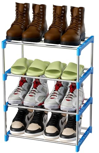 Magrimaxio Zapatero de 4 Niveles, Estantería de Metal para 8 Pares de Zapatos, Zapatera de Almacenamiento, Estantería de Zapatos Apilable para Entrada, Baño, Sala de Estar, Armario (Azul)