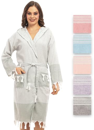 Heré Mood Bademantel aus Hamamtuch, Saunatuch, für Frauen für ultimativen Luxus, mit Gürtel & Kapuze - Langform Damen Leicht und Modisch