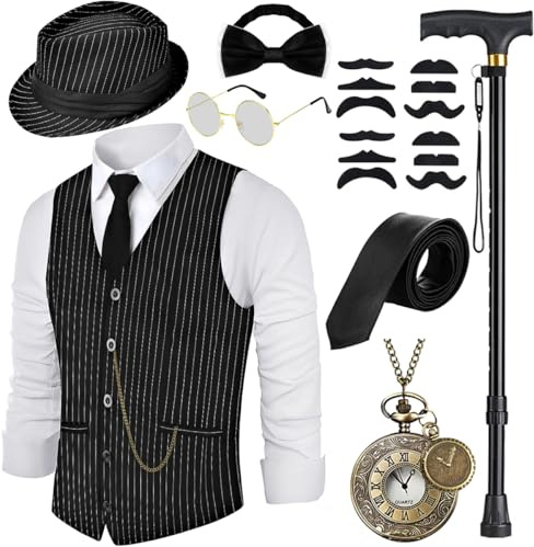 20-talskostym, män, randig, väst med tillbehör, vikbar krycka, fickur, skägg fedora glas, slips, för maffia-kostym, 1920-talet, gangster, Peaky Blinders karneval, halloween, temafest