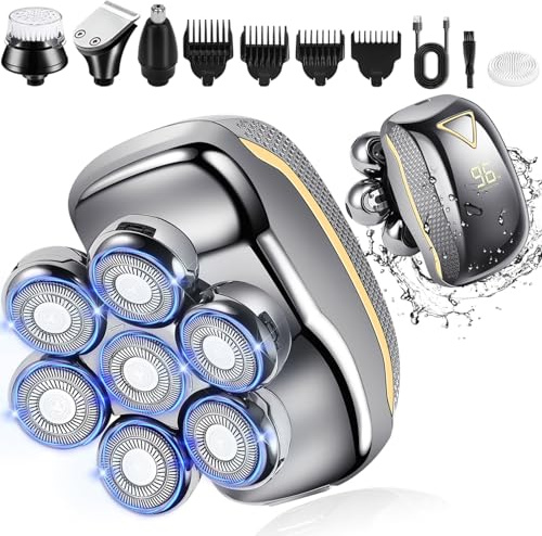 Rasoir électrique 5 en 1 pour homme avec 7 têtes rotatives, rechargeable USB, avec écran LED