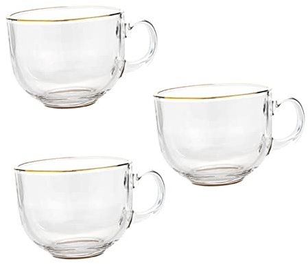 Alipis Juego De 3 Tazas De Vidrio Con Borde Dorado Para Café Té Agua Jugo Mango Ergonómico No Aptas Para Microondas
