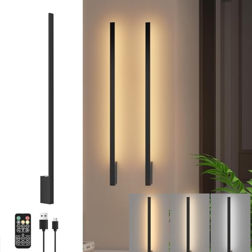 Klighten Akku Wandleuchte mit Fernbedienung,10000mAh Batterie Wandleuchten Innen, 2 PCS Aufladbare Wandleuchte Dimmbare,100CM 6W Wandlampe akku für Wohnzimmer,3000K-6000K, Schwarz