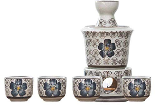 CTCOIJRN Set di 7 Pezzi di Sake con scaldavivande e fornello a Candela, Unico ed Elegante Set di Bicchieri da Vino con Smalto Nero, Set di Sake Caldo in Ceramica Senza Piombo