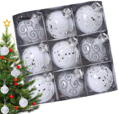 Weiße Christbaumschmuck-Dekorationen, Weihnachtsschmuck-Set - Weihnachtsbaumkugel Weihnachtskugel-Ornamente 9 Stück - Kugelornamente mit einzigartigem Druckdesign, große dekorative Anhänger für Weihna