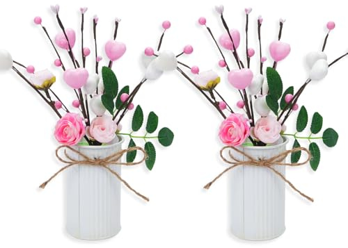 Zythrem 2 Stück Deko Blumen im Topf, Künstliche Rose Blumen im Topf, Kunstblumen Deko, Rosa Weißes Herz Blumenstrauß für Valentinstag Hochzeitsfeier Wohnkultur