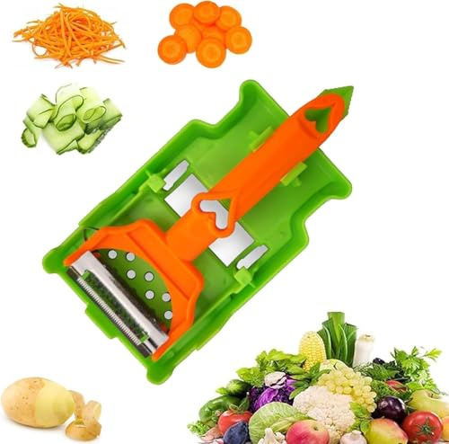 MUMQAQ Pelador Multifuncional, Pelador de Frutas y Verduras, Doble Cuchilla, Tiras en Juliana, Exprimidor de Limón, Acero Inoxidable, Verde