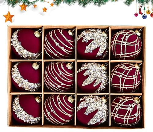 Rrlihjgu 12 Palline Di Natale In Velluto Floccato Da Appendere In Velluto Vintage Rosso E Oro,Palla Per Albero Di Natale Retrò Con Glitter, Decorazione Per Albero Di Natale Floccata Bordeaux