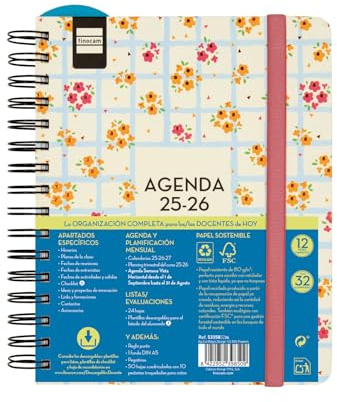 Finocam Lehrerkalender für Lehrer, Design Kurs 2025/2026, Woche, horizontaler Ansicht, September 2025 - August 2026 (12 Monate), Blumen, Spanisch