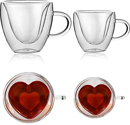 Tazza da caffè, Tazzine da caffè in vetro, Bicchieri coibentati a doppia parete Tazze a forma di cuore con manico Resistente al calore for caffè espresso, cappuccino, tè, bevande cioccolata calda, suc