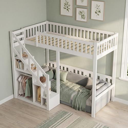 BPKADHY Hochbett 90x200 für Kinder – Etagenbett mit Treppe & Stauraum, Jugendhochbett aus Massivholz, Stockbett Kinderhochbett mit Lattenrost, Ohne Matratz