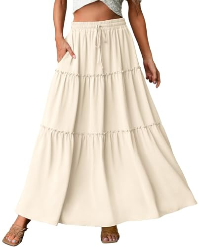 Genfien Damkjolar elegant maxikjol elastisk midja veckad en linje kjolar boho för fest sommar enkel vardaglig, BEIgE, L