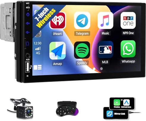 CAMECHO Autoradio 1 Din sans Fil Carplay Android Auto Bluetooth Radio avec Caméra de recul, 7 Pouces LCD Écran Tactile HD avec Mirror Link Commandes au Volant +USB AUX SD Cartes Connecteurs