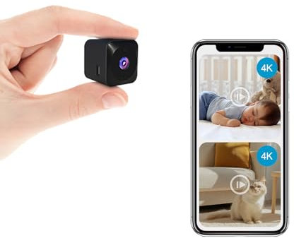 AOBOCAM Mini fotocamera, telecamera di sorveglianza 4K HD, WiFi, per interni, con batteria, telecamera di sicurezza compatta con sensore di movimento/visione notturna, memoria cloud