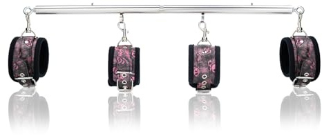 Spreader Bar Heavy Duty Stainless Steel Expandable Home Gym with 4pcs Furry Purple Adjustable Strap,Sports Aid Training Fitness Gear Pilates Aid Kit,Indoor Yoga Set (Silver+Black-Pink PU Kit)