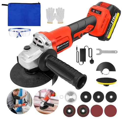 Cordless Angle Grinder 21V Brushless Angle Grinder Tool w/ 1.3Ah Battery & Charger, 2-Position Adjustable Auxiliary Handle,Cutting &Grinding Wheels,Gloves,Goggles for Cutting,Grinding,Polishing,Red