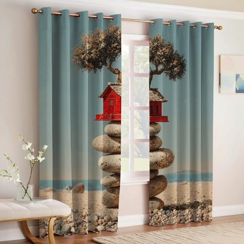 Azzurro Tende Termiche Oscuranti Capanna di pietra e albero con Occhielli Set 2 Pannelli 117L x 183A cm Stampa 3D in Poliestere Camera Matrimoniale Soggiorno Cameretta
