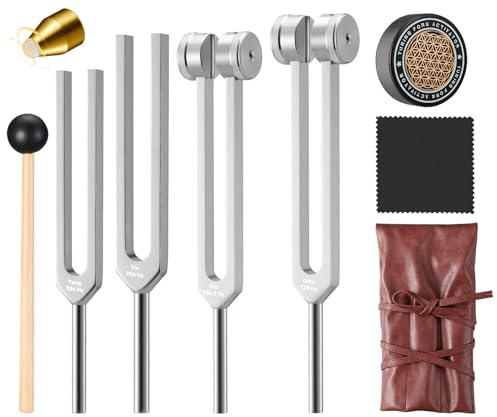 Klangheilung Stimmgabel Set - Stimmgabeln für Chakraausrichtung & Stressabbau - Otto 128Hz, Earth Om 136Hz, Yin 256Hz, Yang 384Hz, Aktivator & Tasche - Ideal für Meditation & Heimtherapie