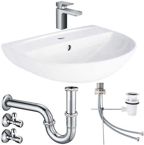 Belvit, Waschbecken Komplettset Tulpe 60 cm, Keramikbecken, Hansgrohe Armatur, Ablaufgarnitur, Siphon, Schell Eckventil, pflegeleichte Sanitärkeramik, komplett abgestimmte Komponenten, Weiß