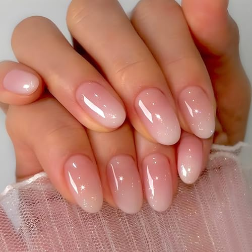 Viugex 24 Stück French Mandel Press on Nails, Kurz Rosa Farbverlauf Künstliche Fingernägel, Ballerina Full Cover Nägel zum Aufkleben, Wiederverwendbar Glänzend Kunstnägel zum Aufkleben für Frauen