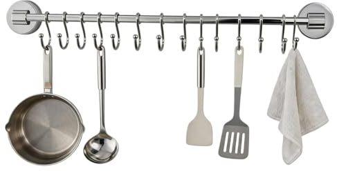 Barra de Gancho para Cocina con 12 Ganchos S, Montaje en Ventosa, Organizador de Pared sin Perforar, Capacidad de Carga de 10 kg, para Ollas y Accesorios, Acero Inoxidable Plateado