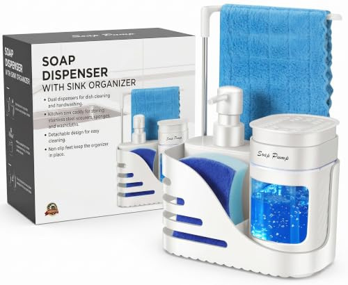 Bingobang 4-in-1 Soap Dispenser with Sponge Holder & Dishcloth Hanger White | Kitchen Sink Caddy Organizer for Dishwashing, Refillable Shampoo & Washing Up Liquid Soap Pump Dispenser for Countertop