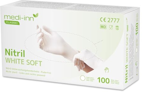 Medi-Inn Guantes desechables de nitrilo blanco blandos, sin polvo, 100 unidades, talla L