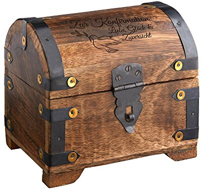 Casa Vivente Große Geldschatztruhe mit Gravur – Zur Konfirmation – Motiv Taube – Dunkles Holz – Vintage Bauernkasse – Verpackung für Geldgeschenke – Geschenkidee für Konfirmanden