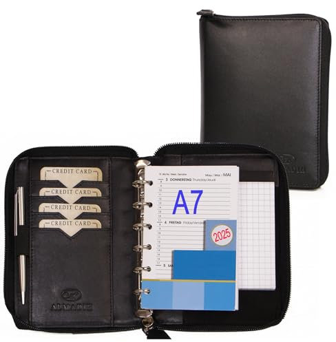 ALMADIH Leder A7 Organizer mit Reißverschluss Kalender 2026 Notizblock Premium Rindsleder Schwarz in Geschenkbox Ledermappe Mappe Schreibmappe Terminplaner Terminkalender Ringbuchmappe (Schwarz)