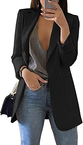 Cnkwei Womens Casual Blazers Open Front Long Sleeve Lapel Collar Work Office Jacket Black
