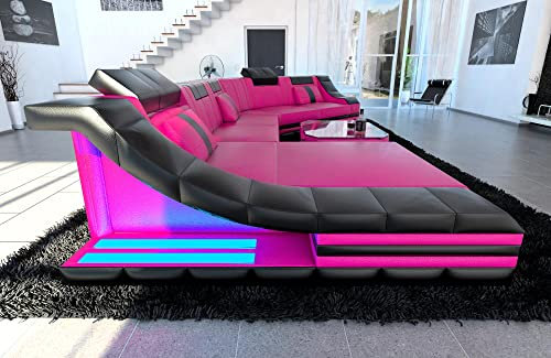 Couch Wohnlandschaft Turino CL Form Sofa in Leder - mit LED Beleuchtung, verstellbare Kopfstützen, Recamiere/Lederfarben wählbar/Ausrichtung wählbar (Ottomane Links, Pink-Schwarz)