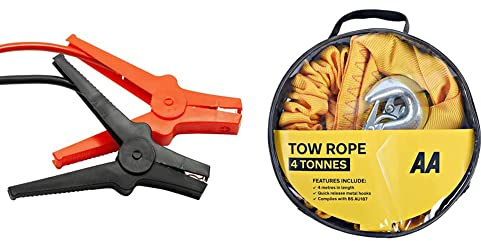 AA Insulated Booster Cables/Jump Leads AA4550 & 4T Heavy Duty Tow Rope AA6226 – Yellow Strap-Style Towing Belt For Car Breakdowns Other Vehicles Up To 4 Tonnes