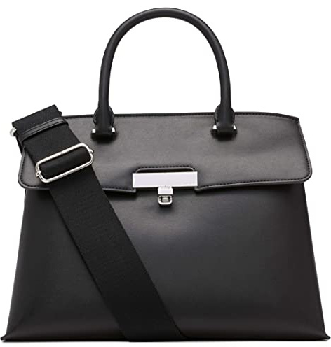 Calvin Klein Damen Turn Lock Satchel – 2 in 1, Vegan Leather, 3 Pockets Becky Turnlock Umhängetasche, Schwarz/Silber