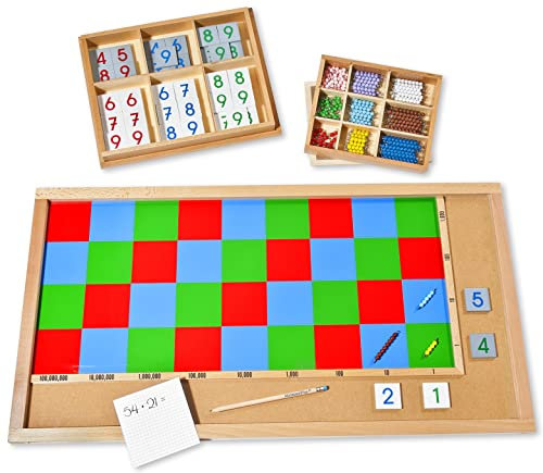 Großes Multiplikationsbrett komplett mit Perlenmasterial und Ziffernpättchen, Montessori-Material zum Multiplizieren mit großen Zahlen
