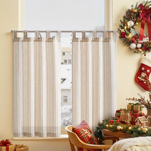TOPICK 2er Set H 90 x B 65 (cm) Gestreifte Scheibengardinen modern Schulaufen Leinen Gardinen mit Streifen Küchenvorhang Blickdicht Kurz Küchengardinen für Küchen lichtdurchlässig Braun auf Beige