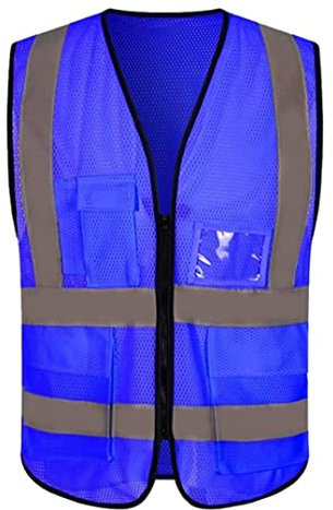 RUTAVM Warnweste Reflektorweste Hochvorteilhafte Mesh atmungsaktiven Arbeitskleidung reflektierende Westen mit Taschen und Reißverschluss Sicherheitsweste (Blue : Dark Blue, Size : 3XL)