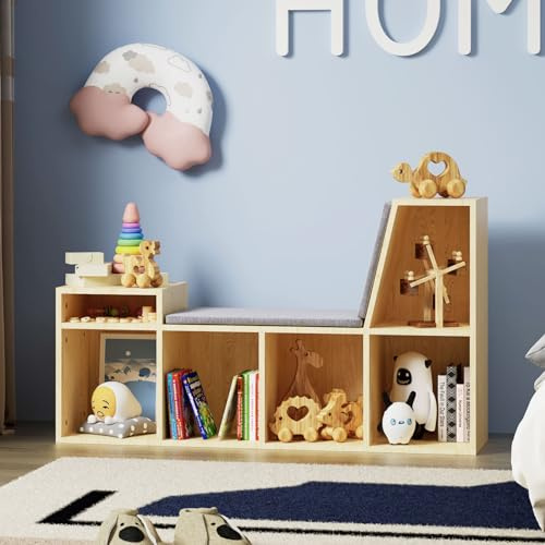 HedoAjim Kids Reading Nook with Storage, 6 Cubby Children Bookshelf with Soft Seat Cushion, Toddler Reading Bench for Playroom,Bedroom,Living Room，(Burlywood)